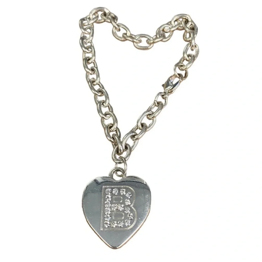 The Letter “B” Heart Charm Bracelet Rhinestones & Silver Plated